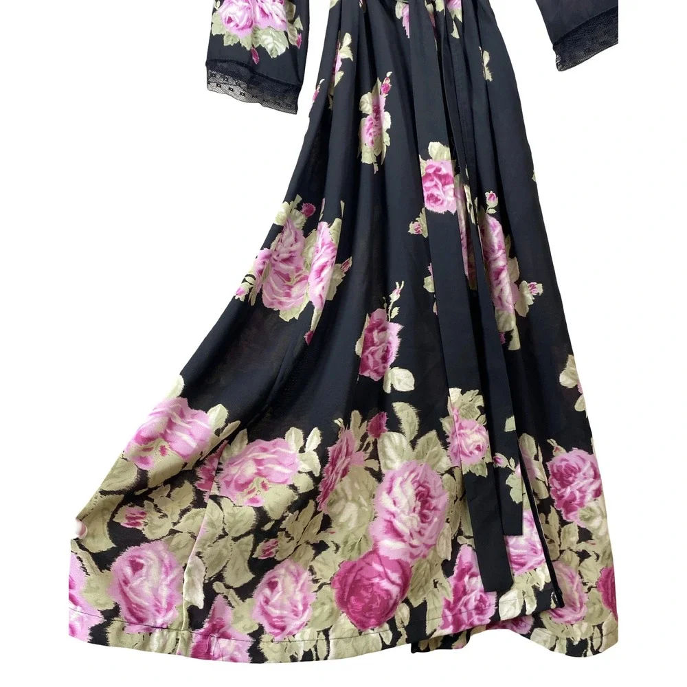 Vintage Oscar de la Renta Pink Label Floral Wrap Robe Rose Chiffon Lace Maxi M